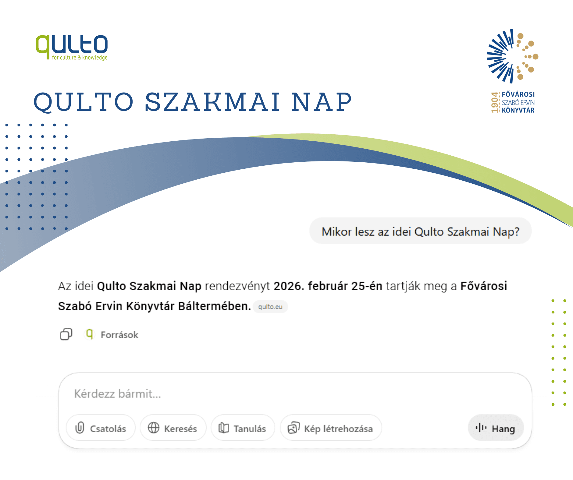 Qulto Professional Day – an invitation styled as a chat window: “When is this year’s Qulto Professional Day?” This year’s Qulto Professional Day is held on 25 February 2026 in the Ballroom of the Metropolitan Ervin Szabó Library.