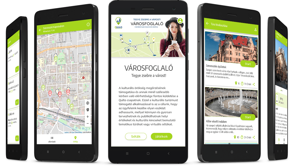 Screens of the Városfoglaló application on a phone: the list of walks, the page of a sight and a quiz question