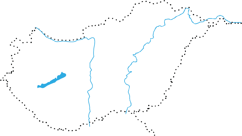 The dotted outline of Hungary with the major rivers and Lake Balaton, showing the cities that use Városfoglaló